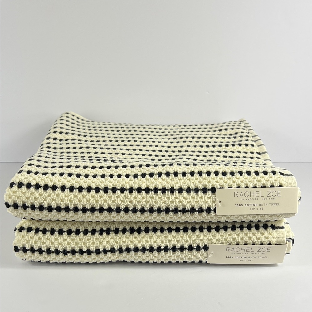 Rachel Zoe Bath Towels Black & Cream Striped Dotted Print 100% Cotton 2 Pc NEW